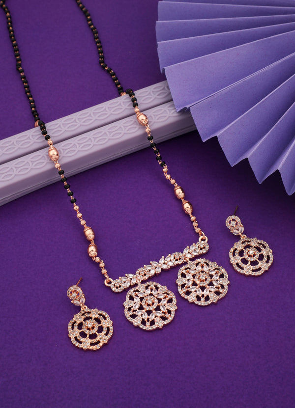 Vita Bella Rosegold-Plated & White AD Stone-Studded Mangalsutra With Earrings
