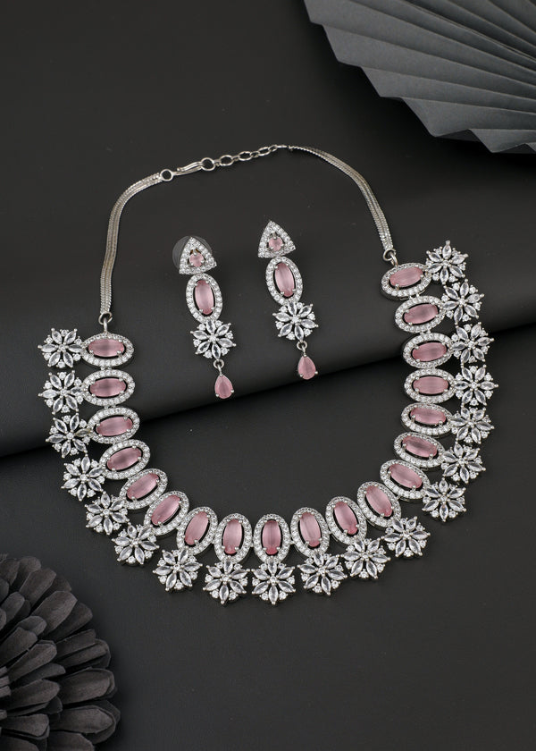 Vita Bella Rhodium Plated Pink Sapphire Zircons Studded Necklace Set.